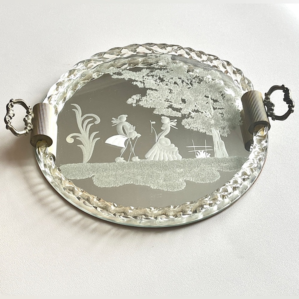 Vintage Venetian Glass Etched Mirror Tray Vanity Serving Ercole Barovier Italy - Picture 2 of 7
